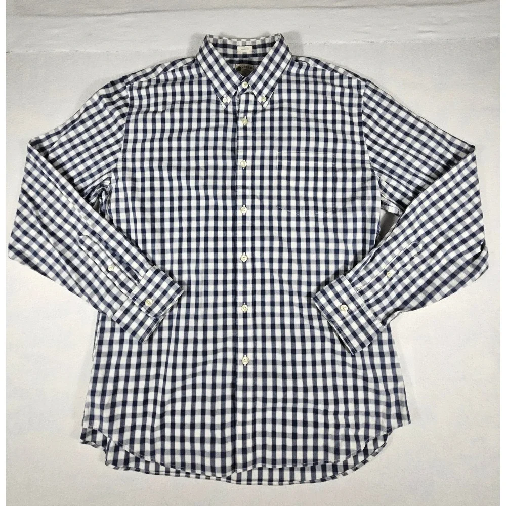 J.Crew Mens Tailored Fit Gingham Button Down Shirt Navy Blue‎ White Large 26364